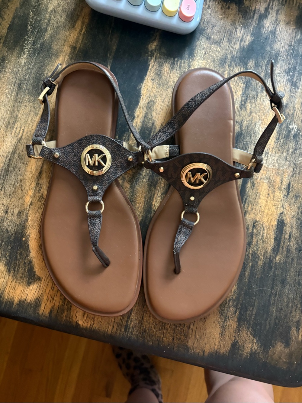 Michael Kors Brown Leather MK Logo T-Strap Sandals with Gold Hardware